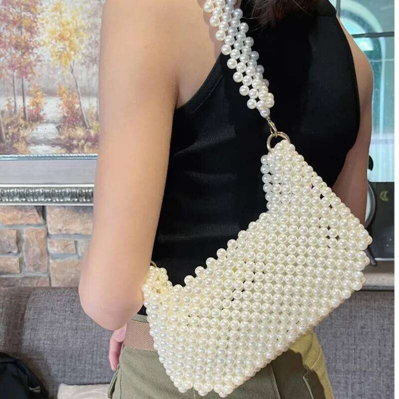 Handmade Beaded Pearl Handbag For Women Woven Bucket Trend Summer Beach Bag Vacation Phone Clutch Party Bags