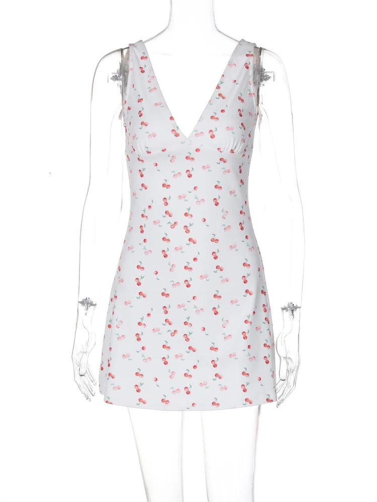 Hugcitar Cherry Print Straps Backless Draped Sexy Bodycon Mini Dress Summer Women Elegant Clothes Birthday Party Vacation 250527