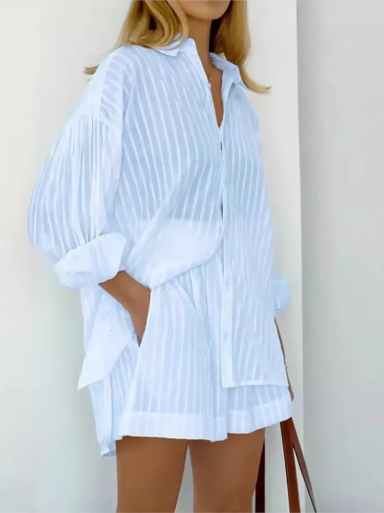 Spring Summer Solid Cotton Short Two Piece Set Women Stripe Long Sleeve Shirts Shorts 2 Piece Sets Simple Style Lady Suit 250527