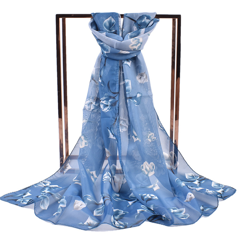 K881 New sunscreen lily floral pattern printed elegant women's chiffon scarf breathable scarf thin small tulle scarf