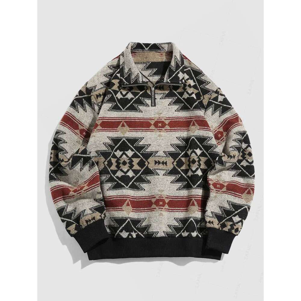 ZAFUL Men s Ethnic Aztec Printed Stand Collar Pullover Fuzzy Fleece Quarter Zip Closure Fashionable Casual Sweatshirt