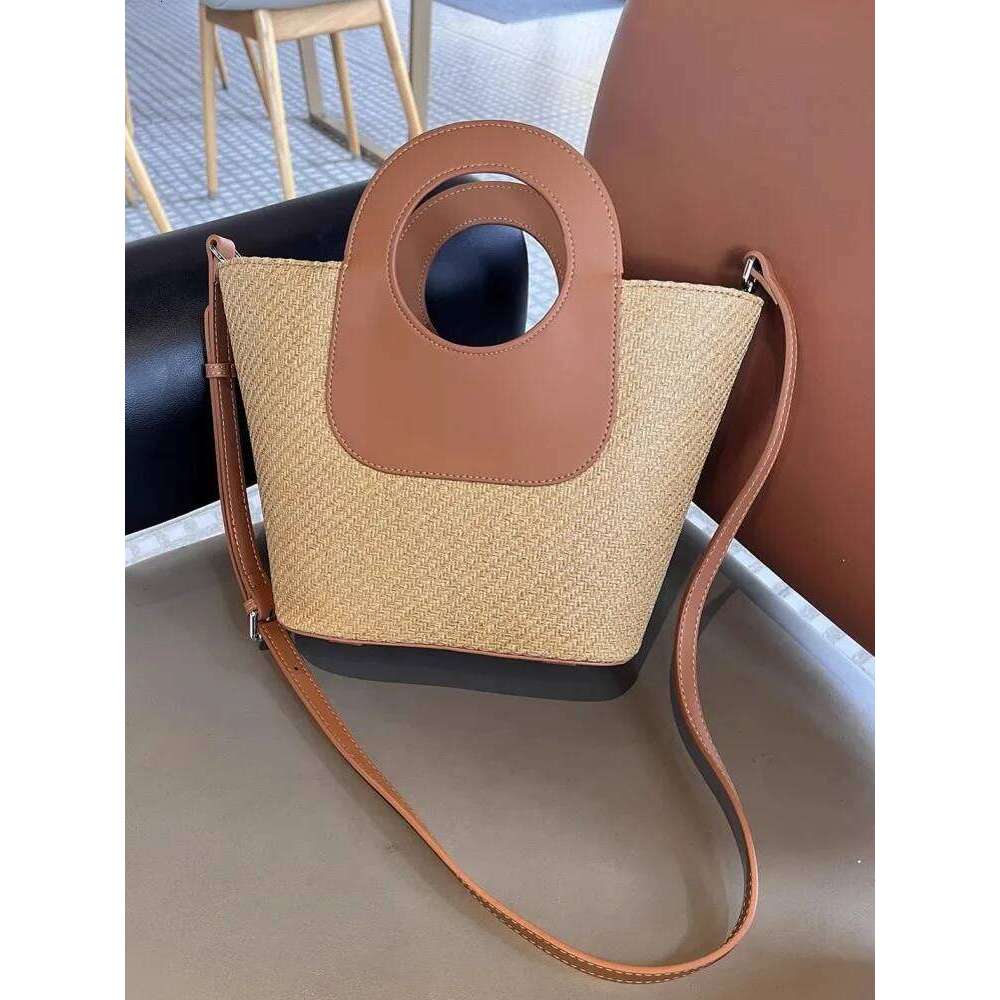 Designer Bag Vintage Women Holiday Straw Bucket Cow Leather Spliced Totes Handbag Strap Shoulder Bag Ladies Casual Beach Crossbody Bags