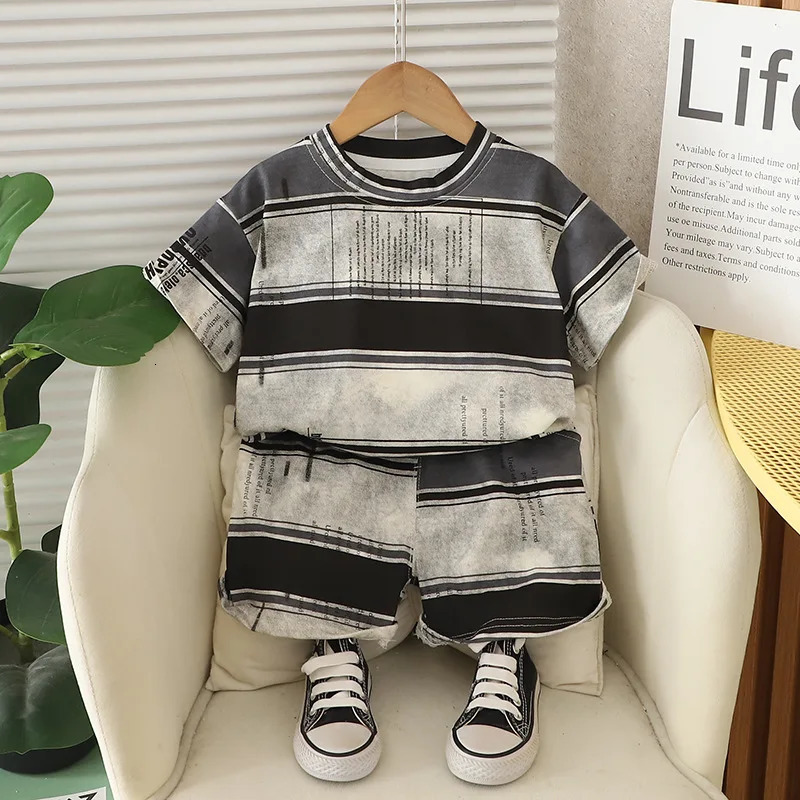 Baby Boy Summer Clothes Set Korean Fashion Letter Striped Short Sleeve T-shirts and Shorts Two Piece Boys Outfits Kids Suit 250527