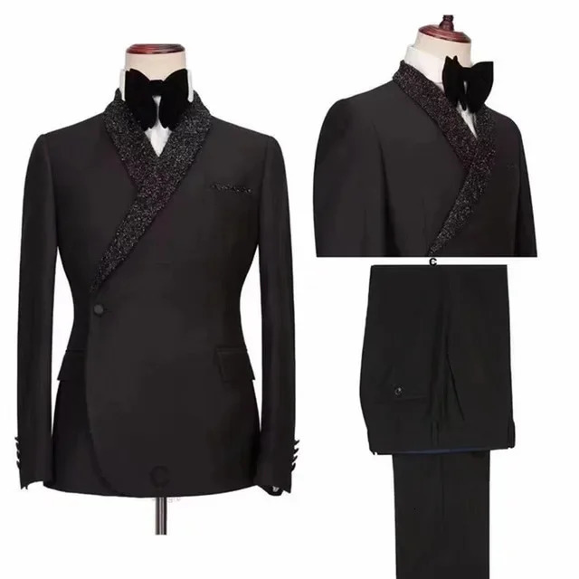 Slim Fit Men Suits With Double Breasted Black Shawl Lapel Wedding Groom Tuxedo Male Prom Blazer 2 Pieces Suit Jacket Pants 250520Z