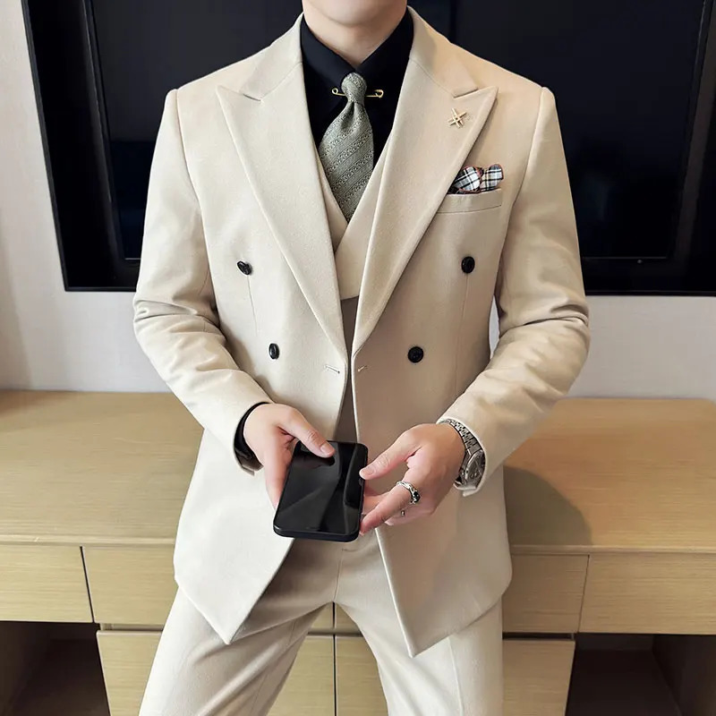 2025 High quality doublebreasted suit vest trousers Korean slim business woolen threepiece set 250520Z