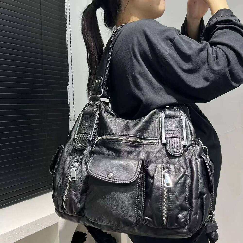 Designer Bag Women S Fashion Y K Hot Girl Motorcycle Old Lychee Pattern Multi Pocket Shoulder Crossbody Bag