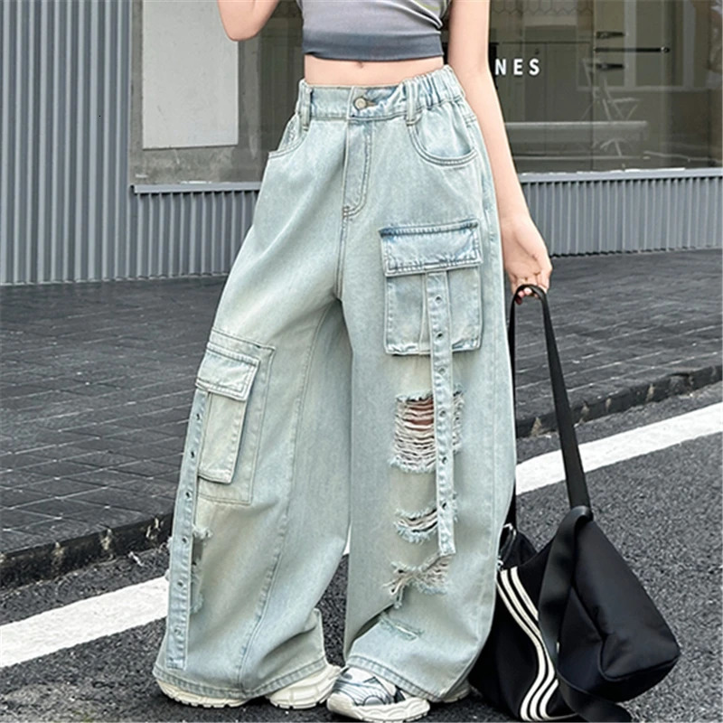 Kids Child High Fashion Street Style Distressed Ripped Cargo Jeans With Front Pocket for Tweens Girl Broken Hole Denim Pants 250527