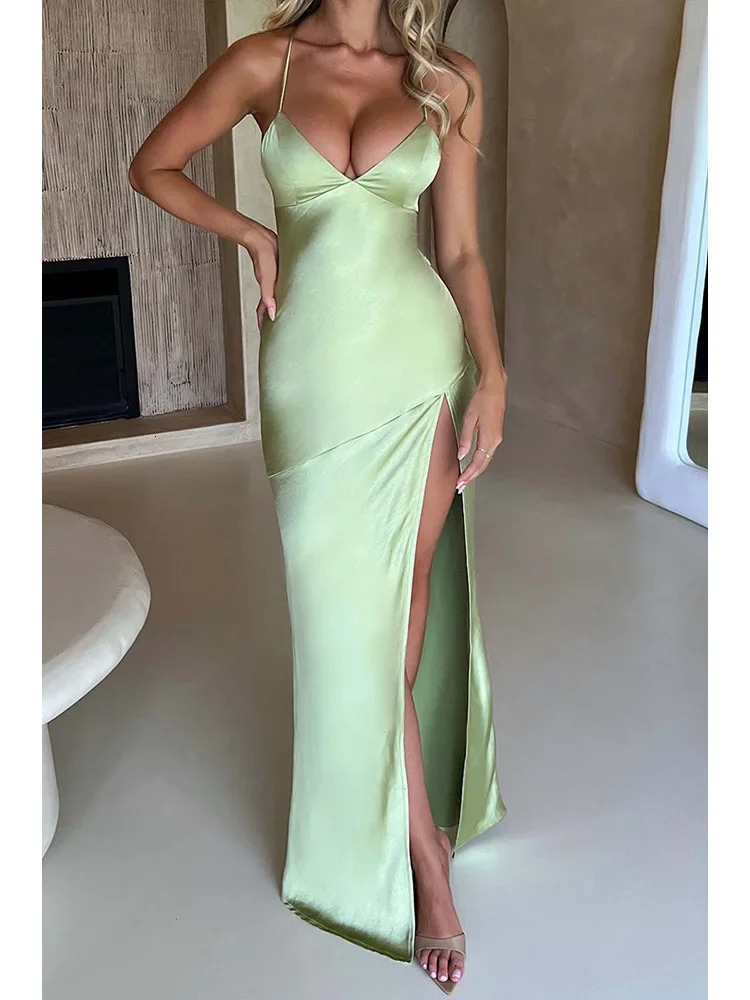 Fashion Sexy Satin Backless Camis Dress Spaghetti Strap Split Hem Silk Y2K Bodycon Casual Lace-up Summer Evening Long Dress 250527