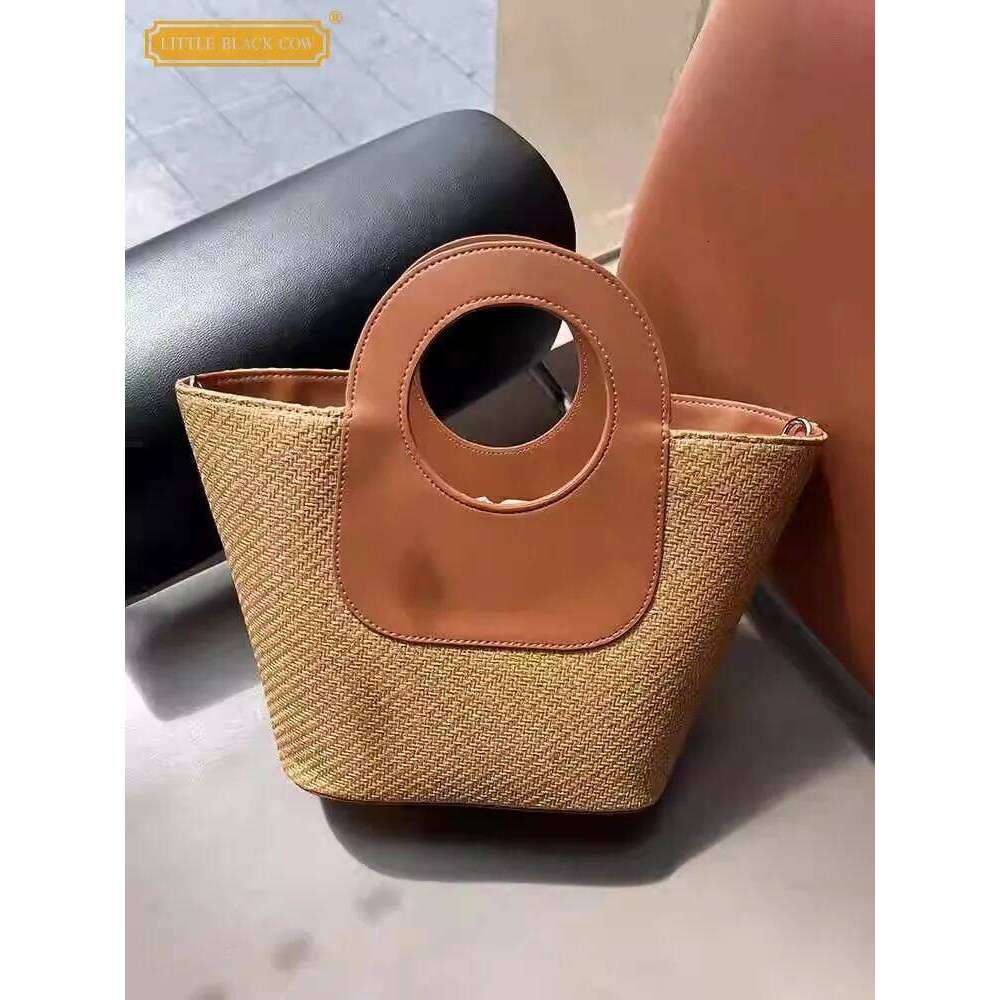 Designer Bag Vintage Women Holiday Straw Bucket Cow Leather Spliced Totes Handbag Strap Shoulder Bag Ladies Casual Beach Crossbody Bags