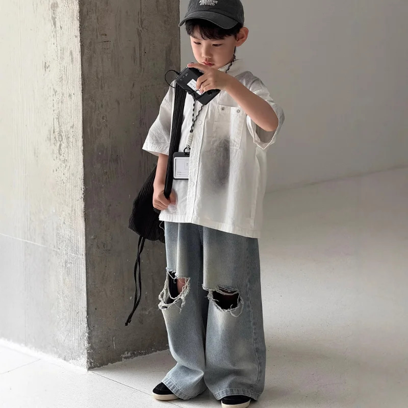 Boys Summer Jeans Childrens Pants Style Fashionable Pants with Holes for Small and Medium-sized Children 250527