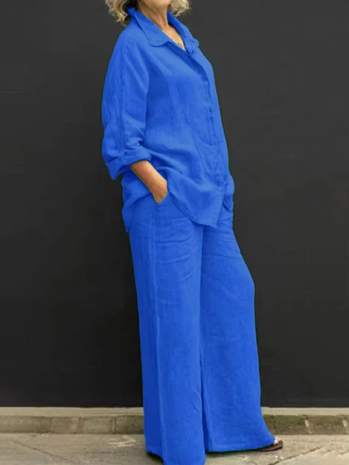 Women Linen Casual Shirt 2 Pieces Set Fashion Lapel Long Sleeve Button Blouse And Trousers Outfits Loose Wide Leg Pants Suits 250529