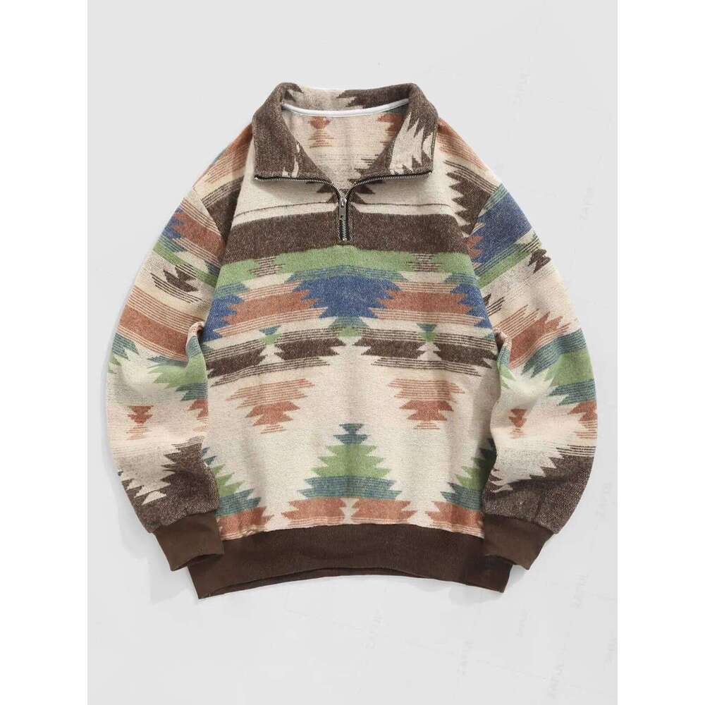 ZAFUL Men s Ethnic Aztec Printed Stand Collar Pullover Fuzzy Fleece Quarter Zip Closure Fashionable Casual Sweatshirt