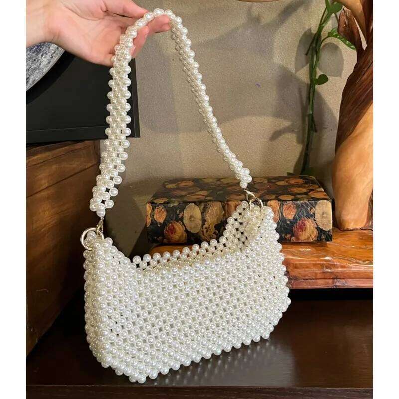 Handmade Beaded Pearl Handbag For Women Woven Bucket Trend Summer Beach Bag Vacation Phone Clutch Party Bags