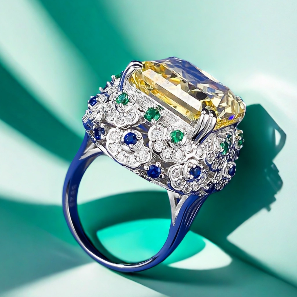 14*16 Radien Ice Flower cut Princess Ring S925 sterling Silver Deluxe inlay 15CT Crystal Yellow High-Carbon Diamond noble royal exclusive classic fash