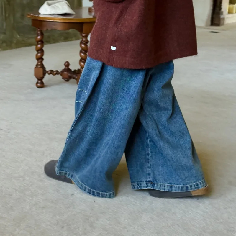 Childrens Girls Pants Spring Autumn Korean Style Denim Wide Leg Trouser Childrens Casual Loose Straight Casual Jeans Q2433 250527