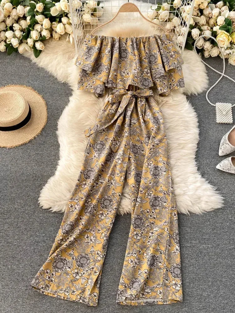 Summer Leaking Collarbone Ruffled Sexy Holiday Style Floral Jumpsuit Fashionable Wide-leg Pants UK705 250527