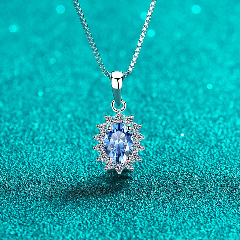 925 Sterling Silver Moissanite Necklace for Women Blue Oval Moissanite Pendant Lightweight Luxury Box Chain Design
