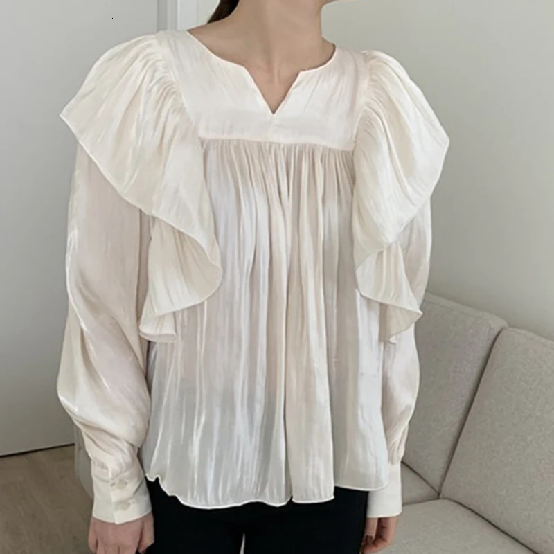 Chic Ruffled Edge Pleated Loose Shirt for Women Fashion Puff Long Sleeve Women Blouse Tops Solid Vintage Elegant Blouses 201 250527