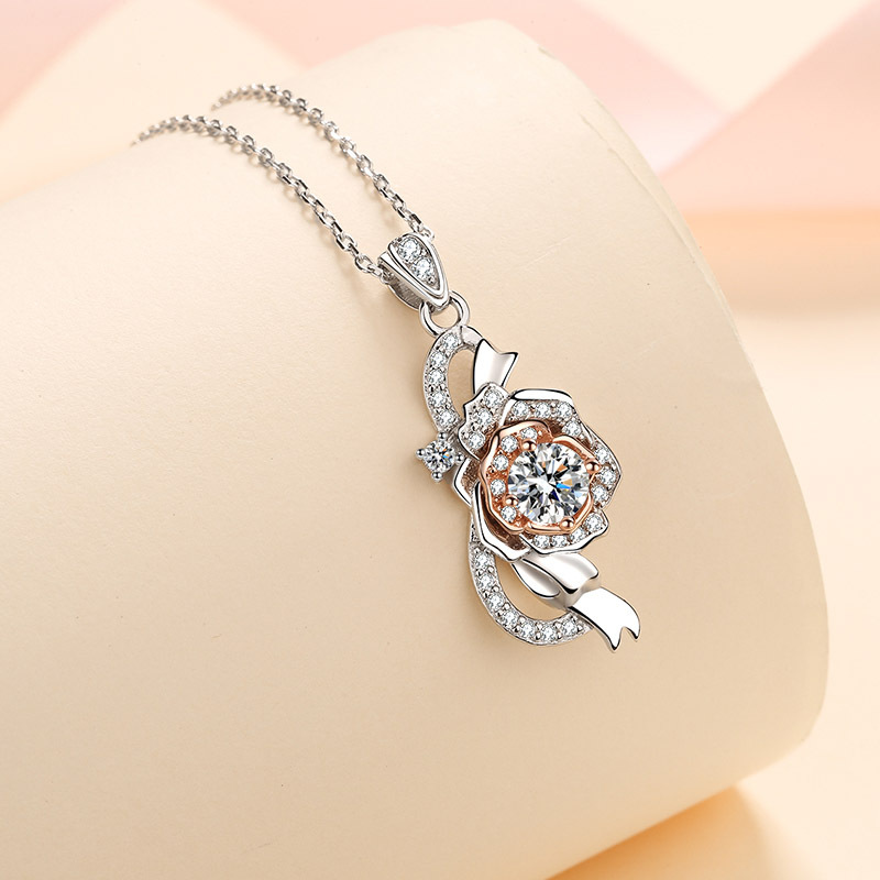 925 Sterling Silver Rose Pendant Necklace with Moissanite Stone, PT950 Gold Plated Elegant Split Color Design for Women Daily Wear