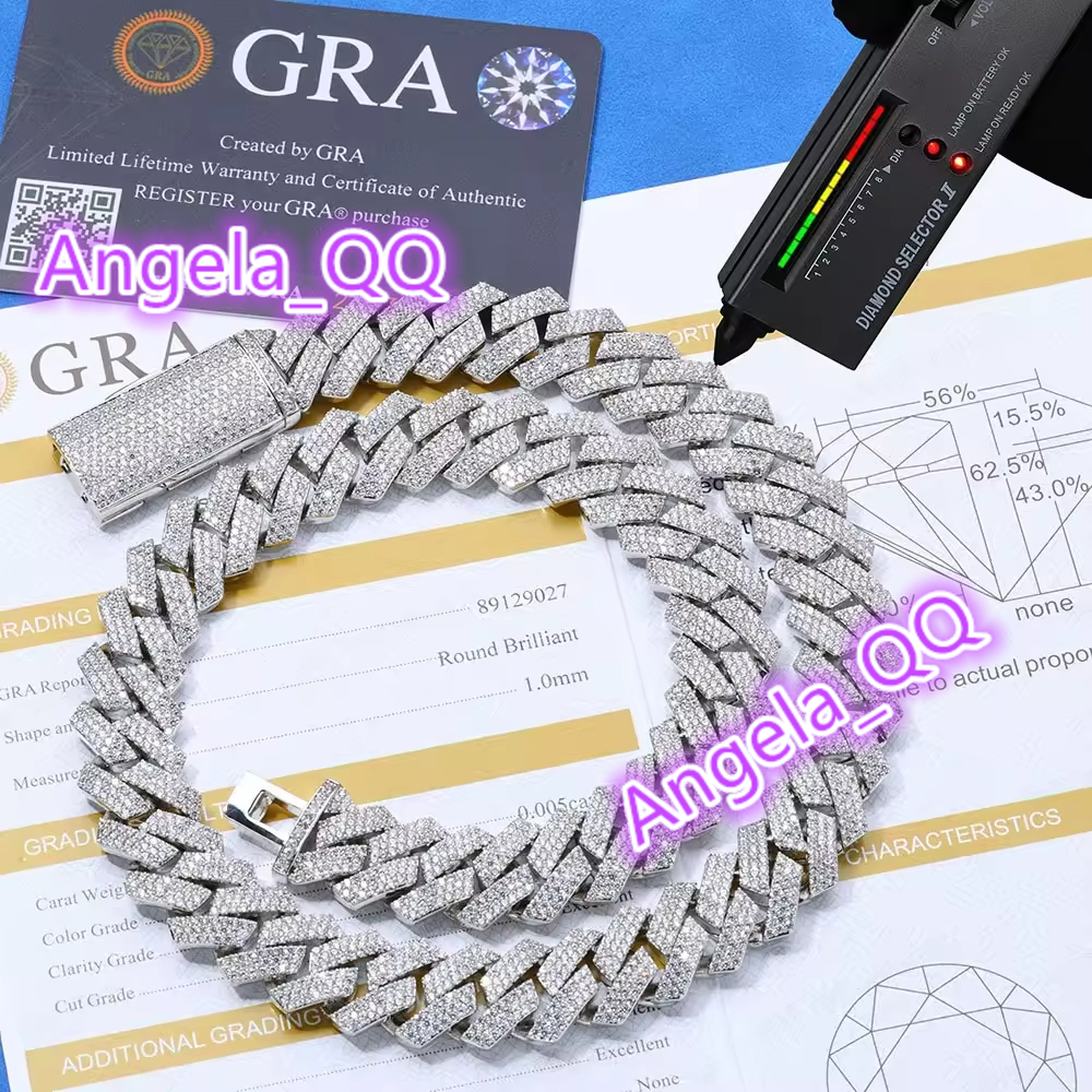 Hip Hop VVS D Colour S925 Silver Moissanite 14mm Necklace for Men Three Rows Full Diamonds Hip Hop Rhombus Cuban Chain