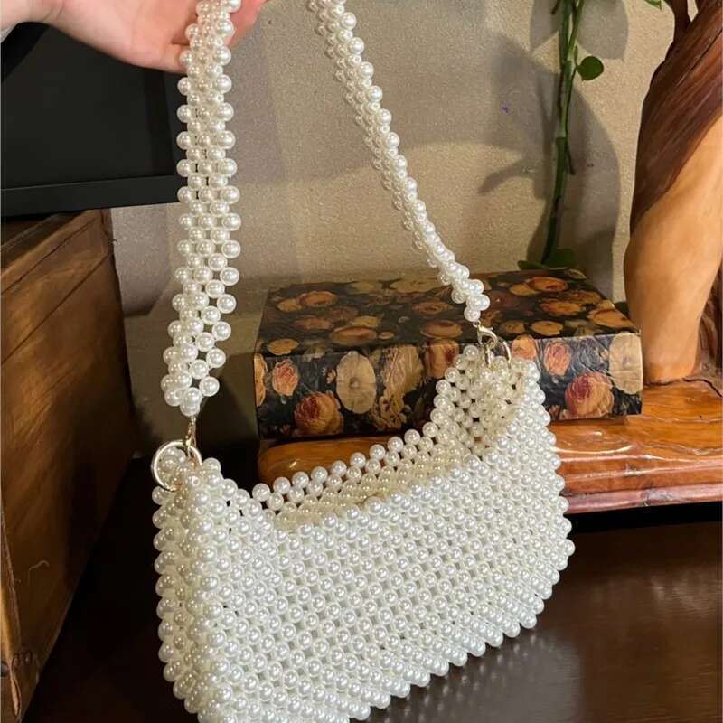 Handmade Beaded Pearl Handbag For Women Woven Bucket Trend Summer Beach Bag Vacation Phone Clutch Party Bags