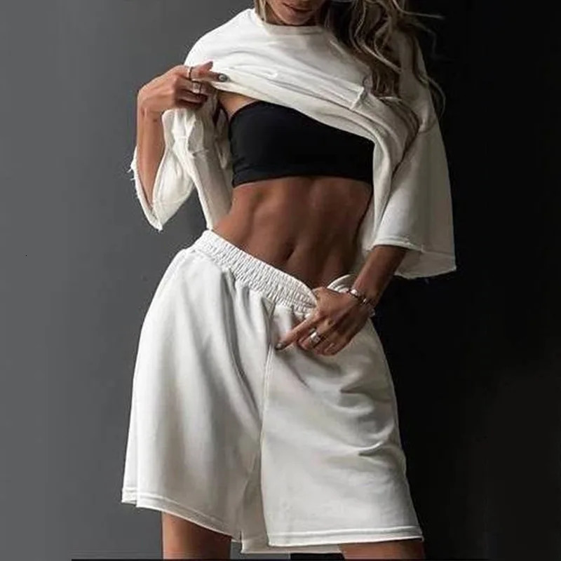 Womens Fashion 2 Piece Set Summer Short Sleeve O-Neck Loose T-shirt Top Wide Leg Shorts Suit Two Piece Solid Color Outfits 250527