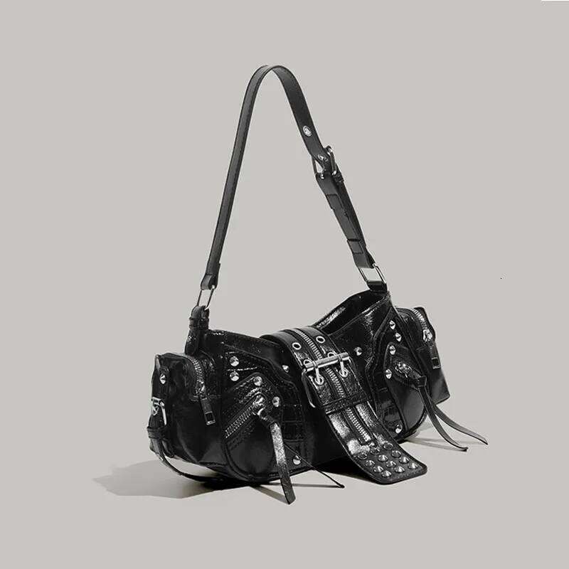 Designer Bag Biker Punk Rivet Belt Motorcycle Shoulder Armpit Retro Black Bag Women S Oblique Fashion Cool Tide Handbag C