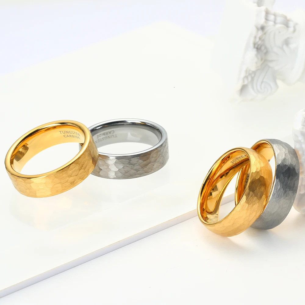 8mm Gold Color Hammered Tungsten Carbide Ring Domed Comfort Fit Engagement Ring Size 6-13 250529
