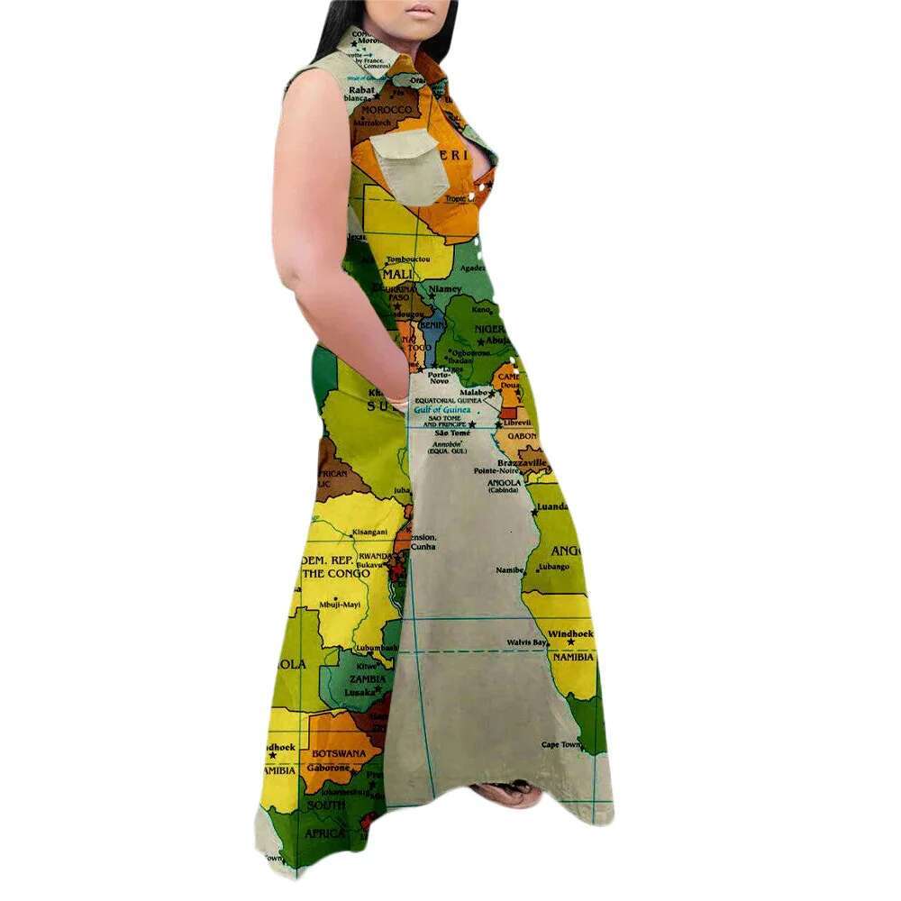 Fashion Summer Plus Size Dress Casual Map Printing Sleeveless Lapel Shirt Maxi Long Dresses Women Wholesale Dropshipping