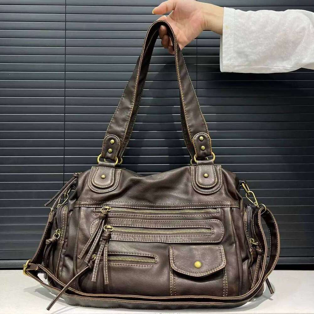 Designer Bag Y K Hot Girl Single Shoulder Crossbody Vintage Washed Leather Motorcycle Large Capacity Multi Pocket Bag
