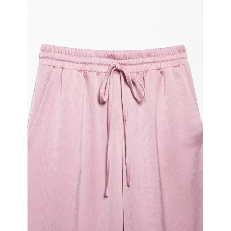 Women High Waist Pants Set Spring 2 Piece DoubleBreasted Satin Blazers Two Lace Up CreasedEffect Trouser Outfit 250520A