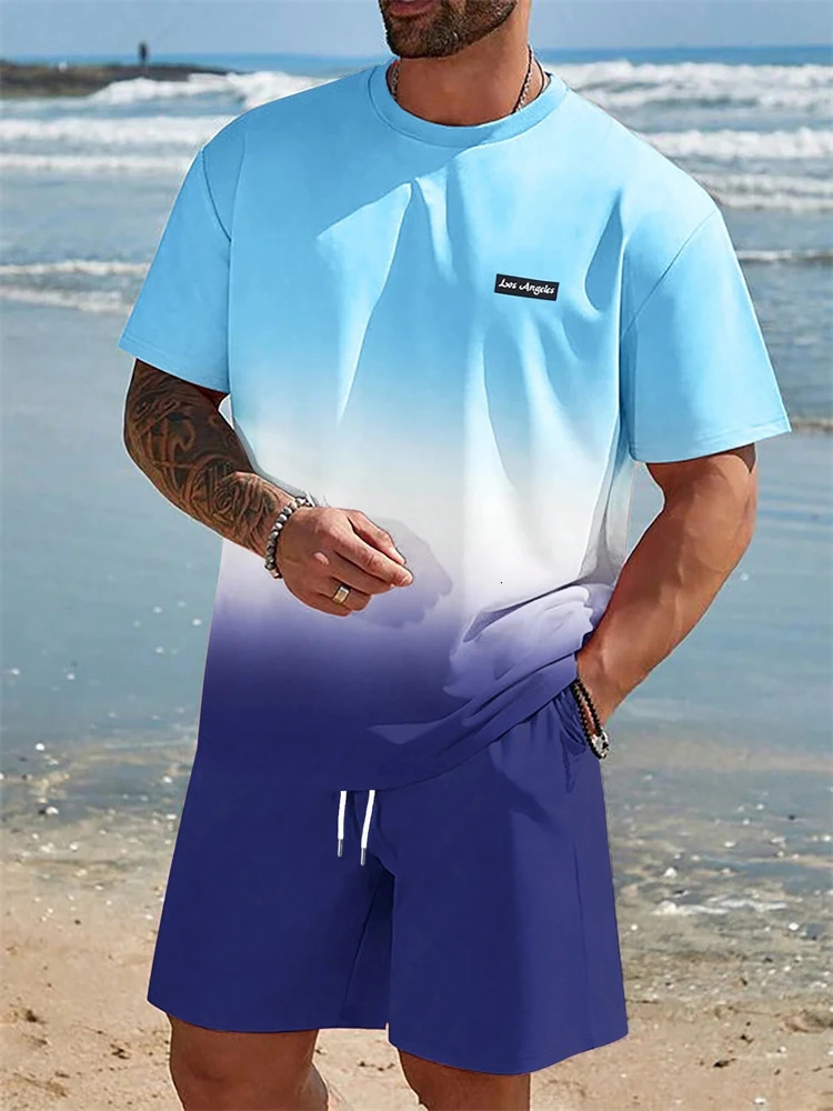 Summer Mens Suit Sportswear Fashion Casual Short Sleeve Vacation Style Gradient Printing TShirt Shorts Menswear 250529Z