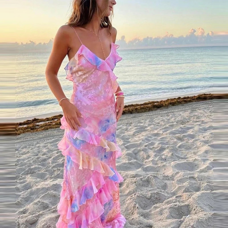 Womens V Neck Ruffled Slim Long Dress Fashion Sleeveless Floral Print Suspender Dress Casual Backless Summer Beach Dresses 250527