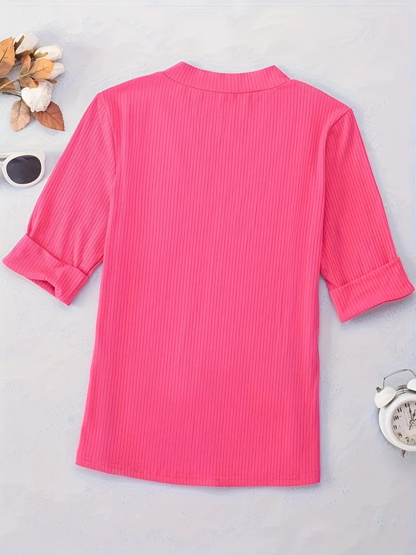 Plus Size Women Casual V Neck Solid Color T-Shirt Top 250527