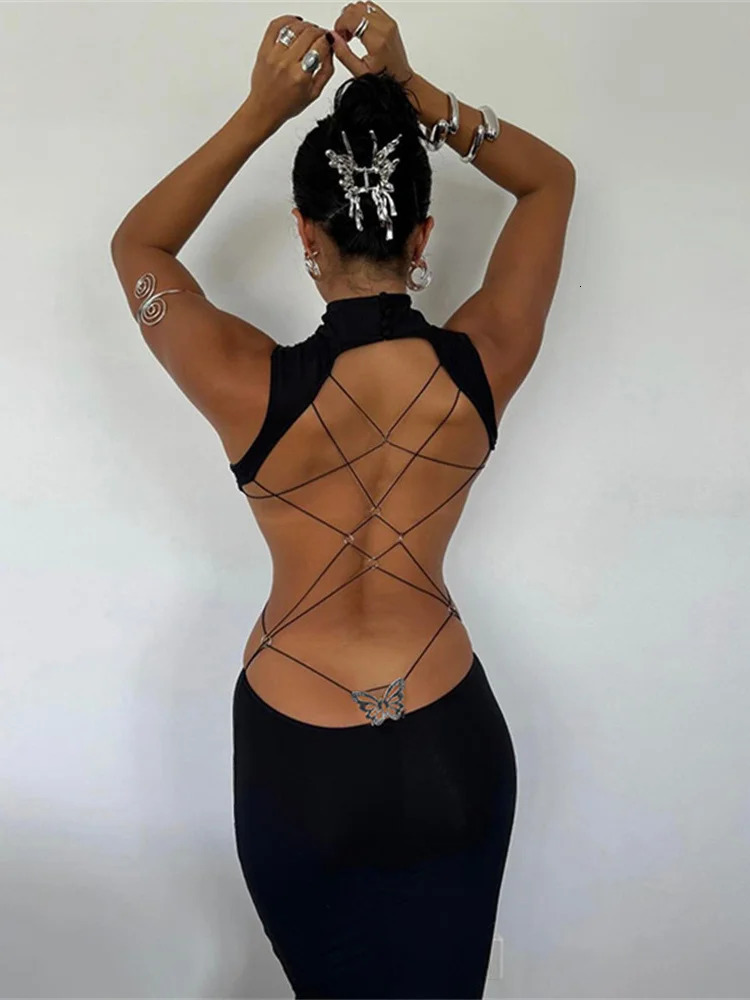 Weird Puss Y2K Butterfly Metal Dress Women Hollow Backless Sleeveless Fitness Cross Bandage Midnight Club Summer Vacation Bodyco 250527