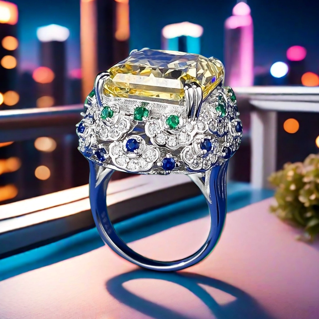 14*16 Radien Ice Flower cut Princess Ring S925 sterling Silver Deluxe inlay 15CT Crystal Yellow High-Carbon Diamond noble royal exclusive classic fash