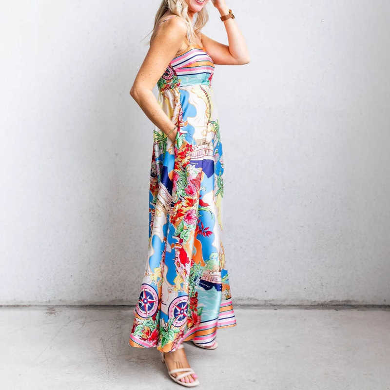 Casual Women Dresses 2025 Spring/Summer New High-Waisted Printed Colorful Vacation Flared Strap Dress