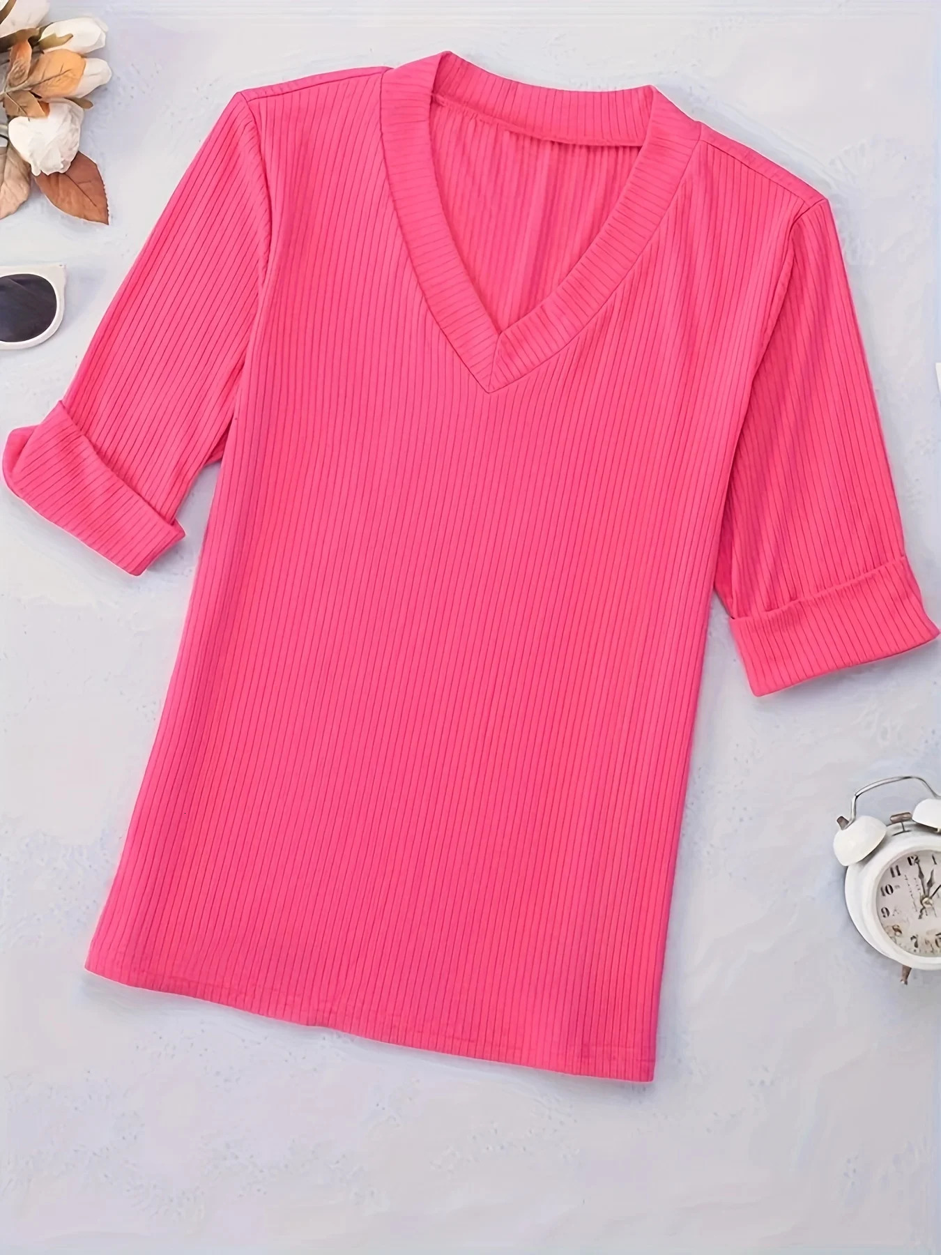 Plus Size Women Casual V Neck Solid Color T-Shirt Top 250527