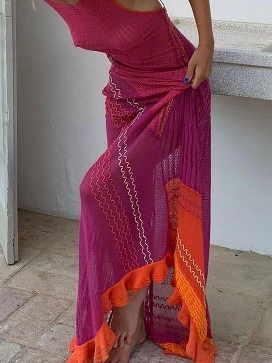 Crochet Knitted Dress for Women Contrast Hollow-Out See-Through One Shoulder Long Sleeve Beach Dress Bikini Cover-Ups 250527