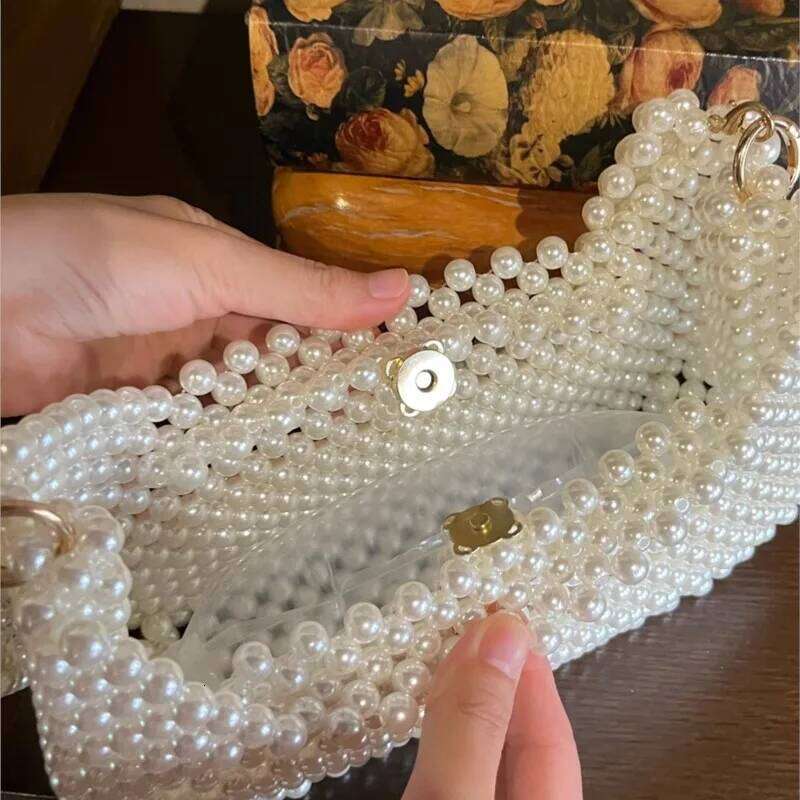 Handmade Beaded Pearl Handbag For Women Woven Bucket Trend Summer Beach Bag Vacation Phone Clutch Party Bags