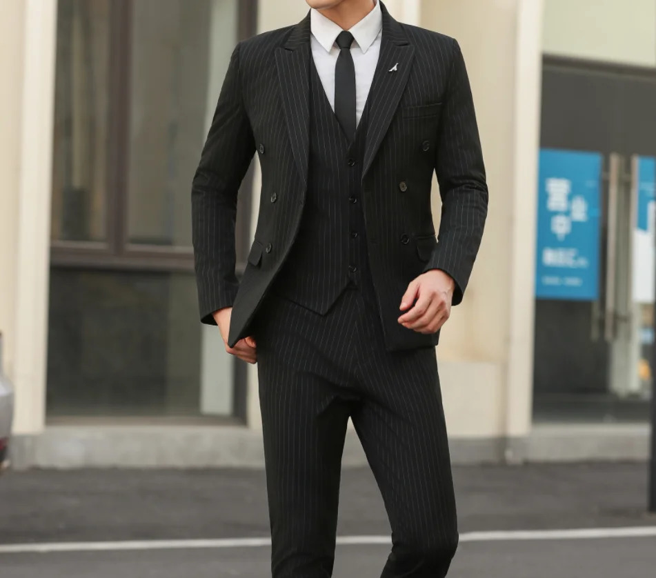 Double breasted British suit vest trousers male groom wedding slim casual fashion stripes handsome threepiece set 250520Z