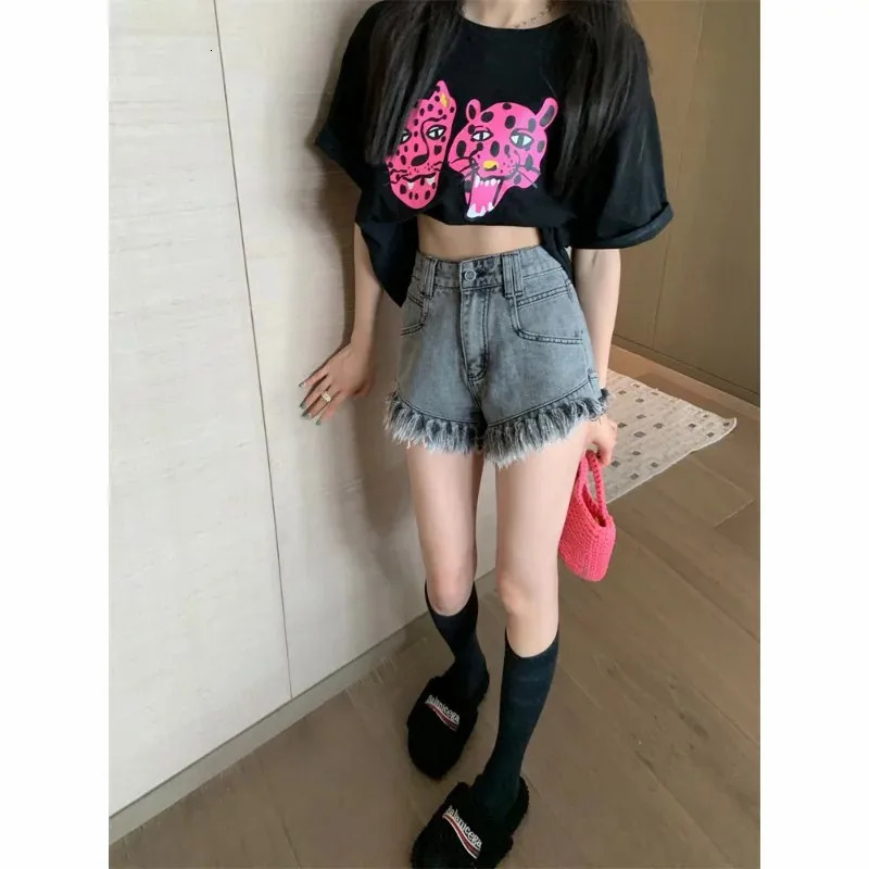 Y2K Clothing Harajuku Solid Color Low Waist Denim Shorts Gothic Retro Tassel Slim Shorts Women Summer Jorts Short Pants 250527
