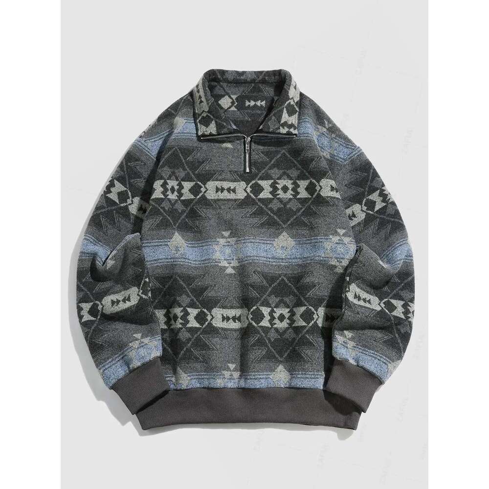 ZAFUL Men s Ethnic Aztec Printed Stand Collar Pullover Fuzzy Fleece Quarter Zip Closure Fashionable Casual Sweatshirt