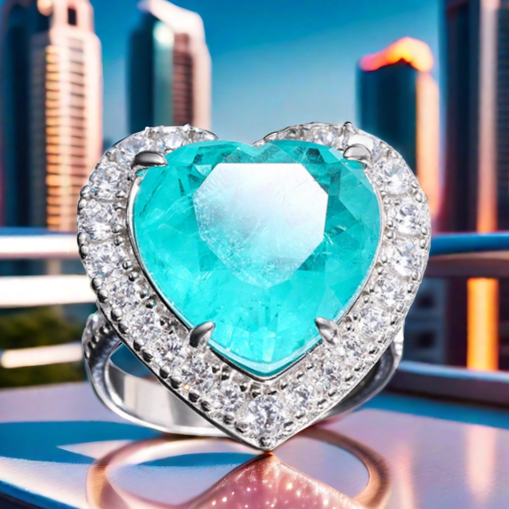 15*15 Love heart Jewelry Set S925 sterling Silver Paraiba blue Ring Pendant Necklace Earrings Antique Classic Precious Jewelry Set gift for girlfriend