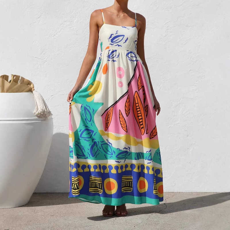Casual Women Dresses 2025 Summer New Vacation Print Strap Dress Beach Dress