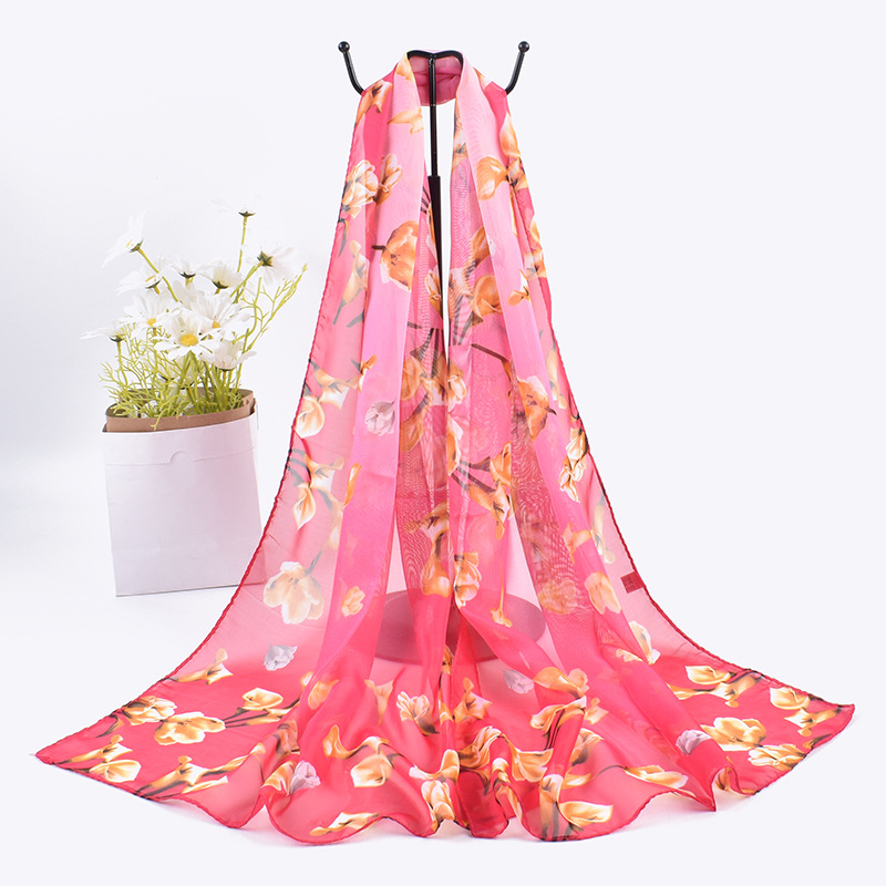 K881 New sunscreen lily floral pattern printed elegant women's chiffon scarf breathable scarf thin small tulle scarf