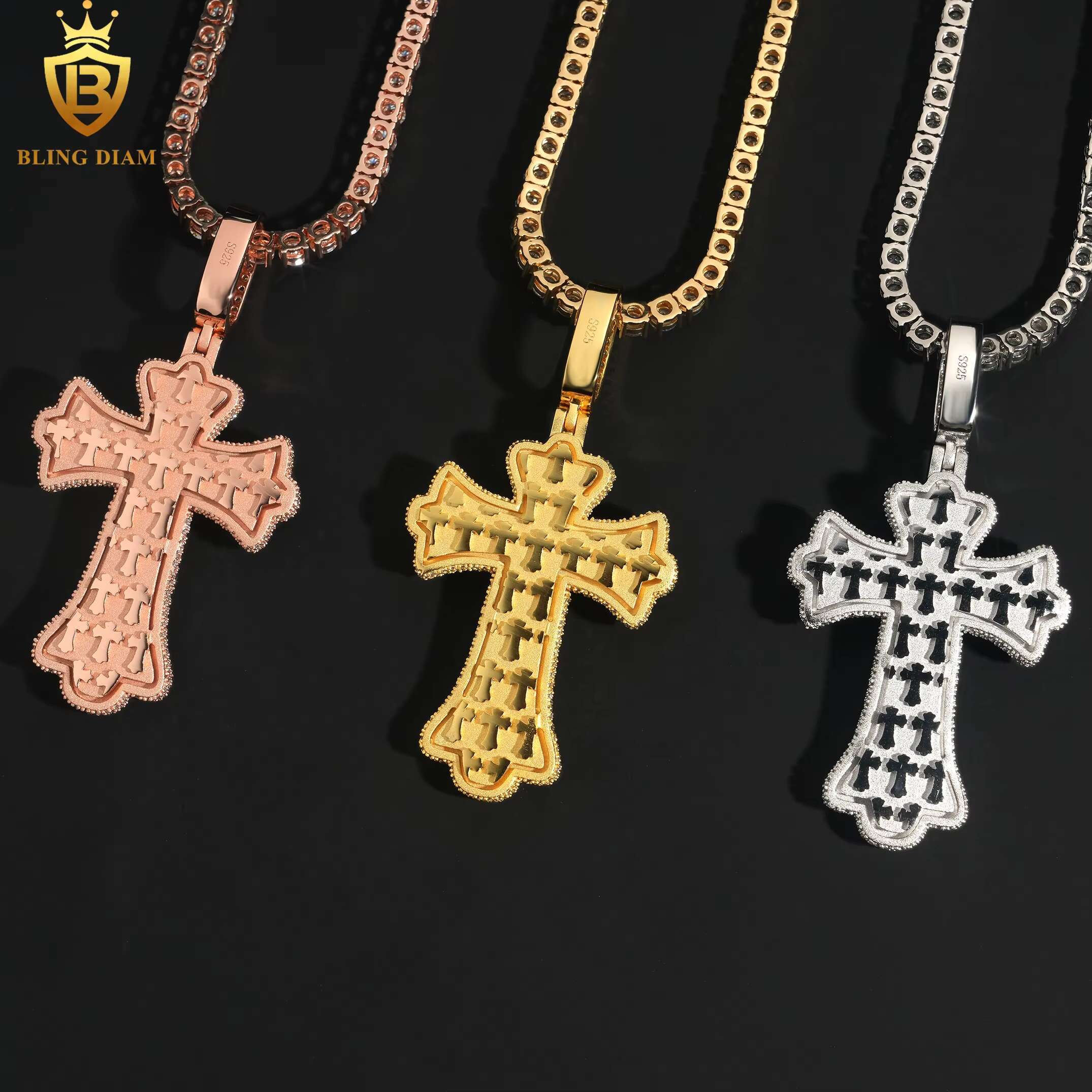 Blingdiam New Arrival Hip Hop Jewelry Vvs Moissanite 925 Sterling Silver Iced Out Cross Pendant Gra Certificate