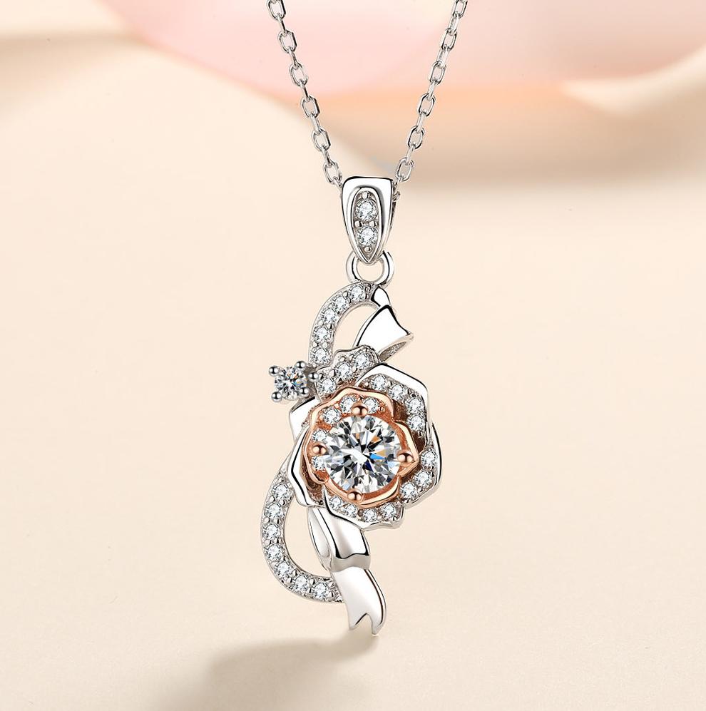 925 Sterling Silver Rose Pendant Necklace with Moissanite Stone, PT950 Gold Plated Elegant Split Color Design for Women Daily Wear