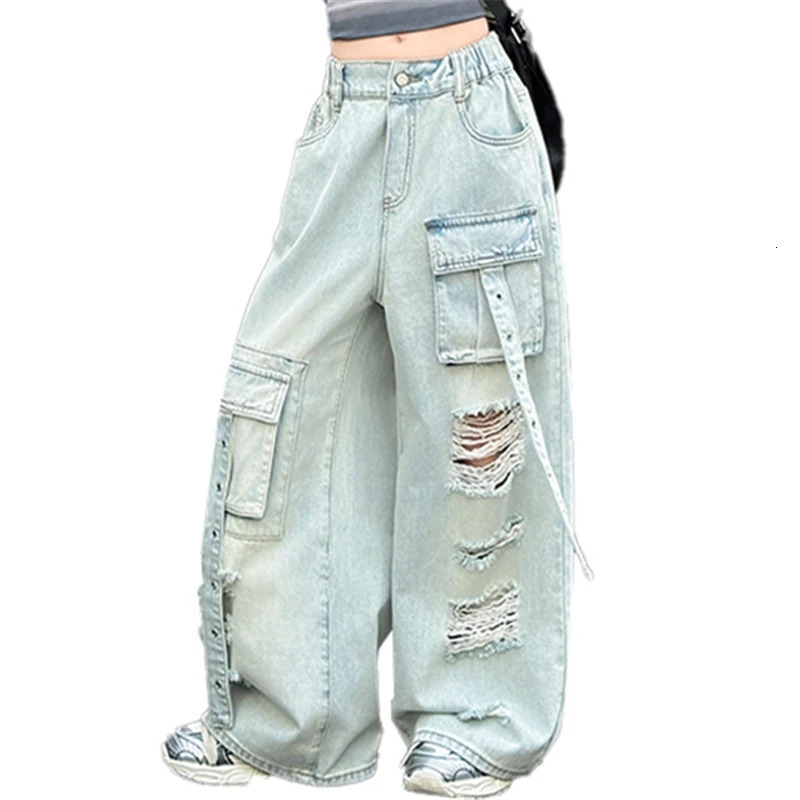 Kids Child High Fashion Street Style Distressed Ripped Cargo Jeans With Front Pocket for Tweens Girl Broken Hole Denim Pants 250527