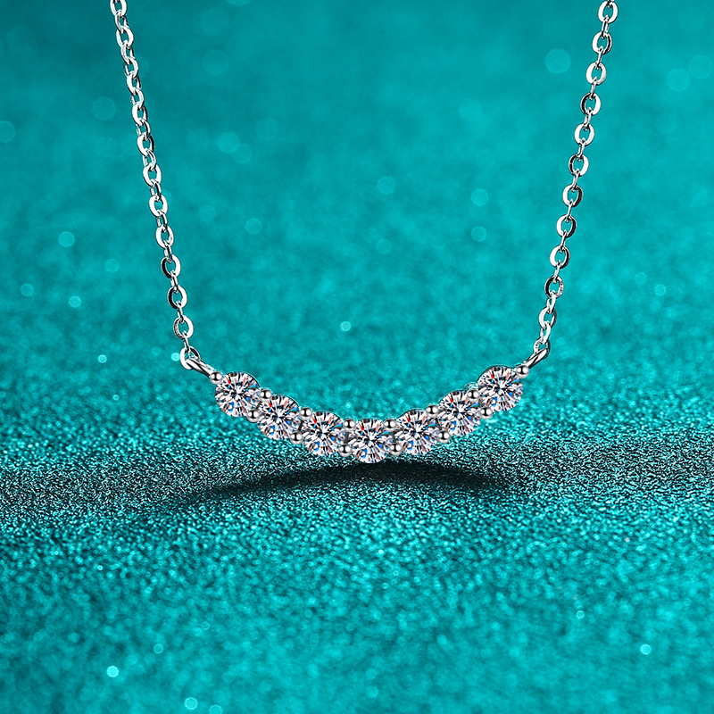 925 Sterling Silver Moissanite Necklace for Women with Seven Diamond Smile Design, Minimalist Pendant for Daily Wear, Affordable Luxury Jewelry